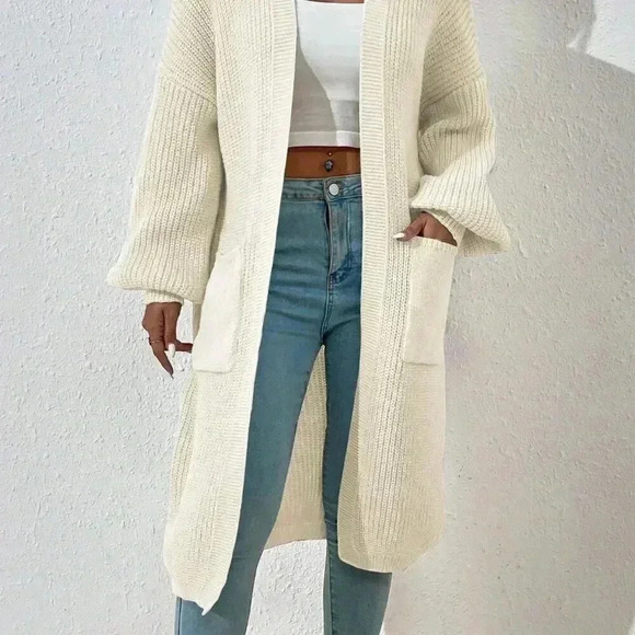 Beige Casual Women's Dual Pocket Drop Shoulder Open Front Cardigan - Picture 4 of 8